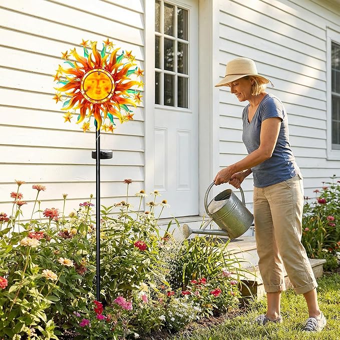 Solar Wind Spinners for Yard Garden - 60.3 Inch 360° Metal Sun Wind Sculptures Outdoor Clearance Kinetic Windmills with Vine String Shining LED Lights for Patio, Lawn Xmas Garden Decoration