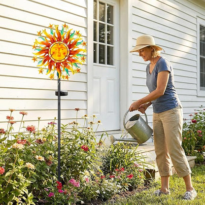 Solar Wind Spinners for Yard Garden - 60.3 Inch 360° Metal Sun Wind Sculptures Outdoor Clearance Kinetic Windmills with Vine String Shining LED Lights for Patio, Lawn Xmas Garden Decoration