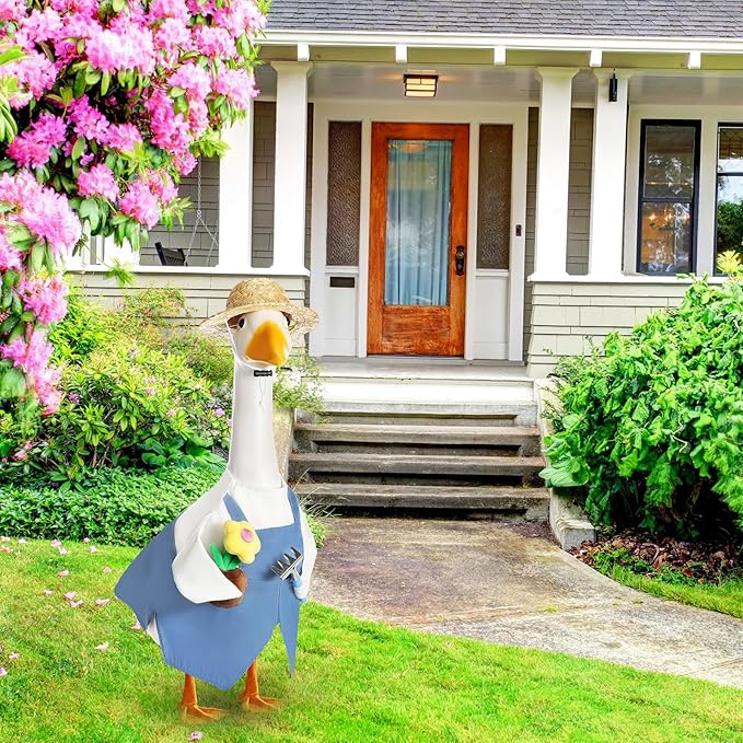 FuWeave Spring Goose Outfit Flower Porch Goose Clothes for 23" Large Statue Outdoor Patio Yard Lawn Art Decoration(Overalls Gardener,23 inch)