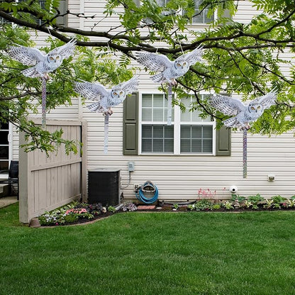 4Pack Plastic Owl Fake Owls, Reflective Owl Hanging Decoration, Barn Swallow Deterrent Dual-Side Printed Raster Fake Hawk for Garden Patio Windows