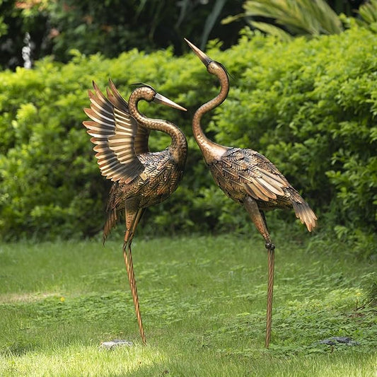 TERESA'S COLLECTIONS Yard Decorations Outdoor Garden Statues, Brass Metal Crane Yard Art, 33-39" Lawn Ornaments for Backyard,Outside Porch,Patio,Heron Decoy Bird Garden Decor,Set of 2,Gifts for Mom