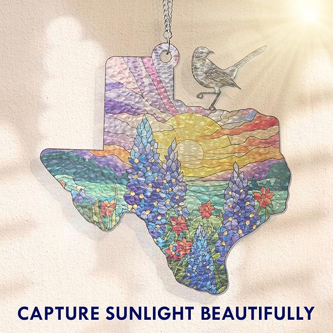 FLAGWIX Texas Gifts for Women Men - Stained Glass Window Hanging 8in - Mockingbird Bluebonnet Suncatchers for Windows Hanging, Texas Themed Gifts for Friends, House Warming Gift Ideas