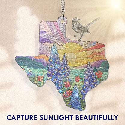 FLAGWIX Texas Gifts for Women Men - Stained Glass Window Hanging 8in - Mockingbird Bluebonnet Suncatchers for Windows Hanging, Texas Themed Gifts for Friends, House Warming Gift Ideas