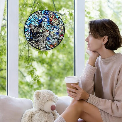 AELS Stained Glass 7.87" Round Suncatcher, Colorful Sun Catcher for Home Garden Window Decor, Window Hanging Ornament Gift for Friends and Family, Cat and Butterfly