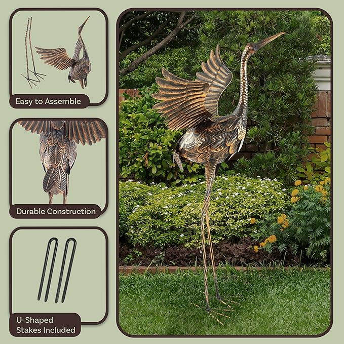 Pure Garden Flying Crane Garden Statue - 35-Inch-Tall Metal Yard Art Crane Statues for Outdoor Decor - Yard Crane Garden Sculptures & Figurines - Lawn Ornaments for Patio, Pond, or Backyard