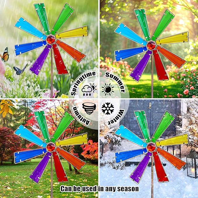 COOZZYHOUR 42 Inch Glass Rainbow Wind Spinners,Outdoor Yard Metal and Glass Windmill Garden Stake, Wind Sculptures for Yard and Garden Lawn Patio Decoration-Rainbow