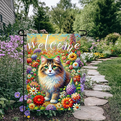 BlissYard Spring Welcome Cat Garden Flag Double Sided 12x18 Inch Tabby Cat Garden Flag Funny Floral Tulip Cats Flags Vertical Farmhouse Welcome Yard Spring Summer Seasonal Outdoor Porch Decor