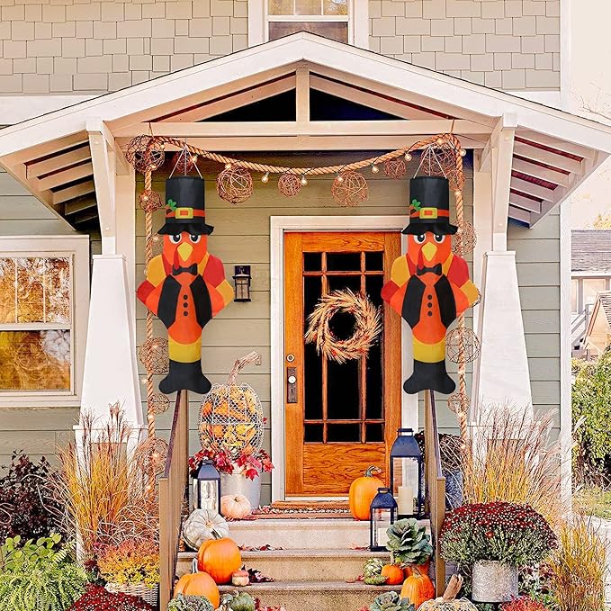 2PCS Thanksgiving Turkey Windsocks, Fall Thanksgiving Outdoor Hanging Windsocks for Tree Lawn Patio Garden Yard Decor, Fade Resistant Outdoor Wind Sock Flag for Fall Party Festival Decorations