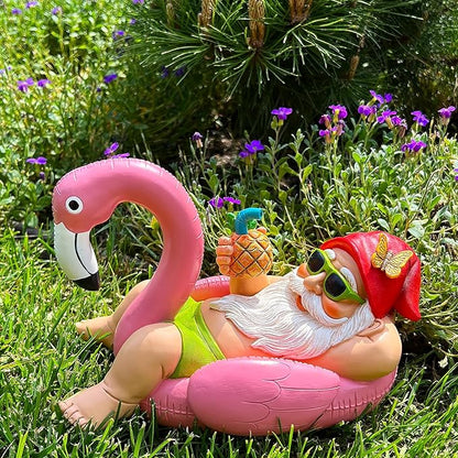 Mood Lab Garden Gnome on Flamingo - Funny Gnome Figurine - 8 Inch Depth Lawn Statue - for Outdoor or House Decor