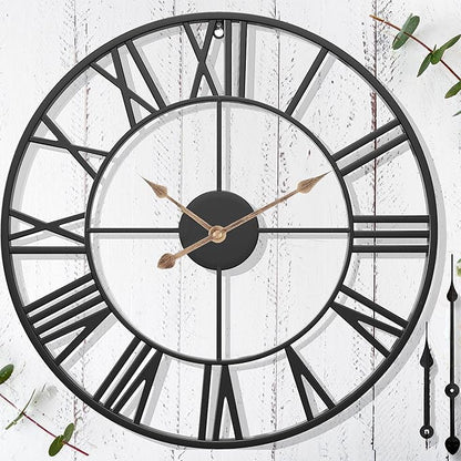 Retro Outdoor Clocks for Patio – 24 in Extra Large Farmhouse Black Metal Outdoor Wall Clock Silent Battery Operated – Vintage Industrial Skeleton Outside Clock for Pool Area, Garden, Backyard, Porch