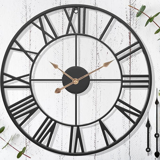Outdoor Clocks for Patio – 30 in Extra Large Farmhouse Black Metal Outdoor Wall Clock Silent Battery Operated – Vintage Industrial Skeleton Outside Clock for Pool Area, Garden, Backyard, Porch