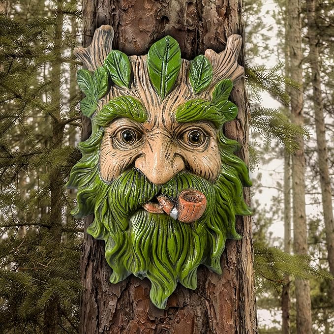 Teaeeno Whimsical Tree Face Garden Decoration, 11.8 in Tree Faces Decor Outdoor Wallmounted Statue Art with Leaf Features, Outdoor Decor Garden Accessory (Nature and Outdoors)