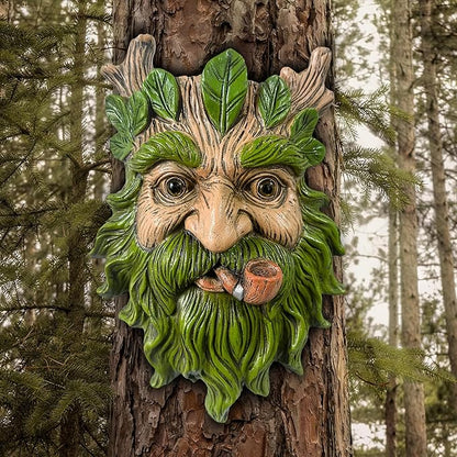 Teaeeno Whimsical Tree Face Garden Decoration, 11.8 in Tree Faces Decor Outdoor Wallmounted Statue Art with Leaf Features, Outdoor Decor Garden Accessory (Nature and Outdoors)