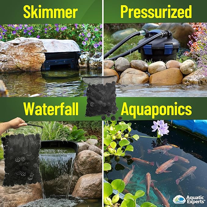 Aquatic Experts 1.5" Large Bio Balls for Ponds – Biological Filter Media for Waterfalls & Outdoor Pond Filters, Treats Up to 330 Gallons (100 Count + 10" x 12" Mesh Bag)