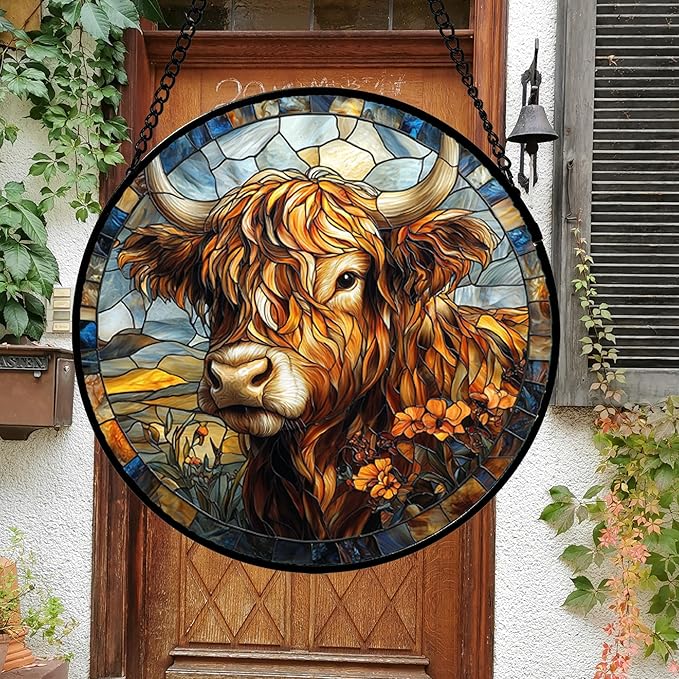 DASTOLL Stained Glass Window Hanging - Funny Cow Flower Suncatcher Ready to Hang Window Doors Home Decoration and Christmas, Mother's Day Birthday Gifts for Women, Men, and Mom 14.9x14.9 in