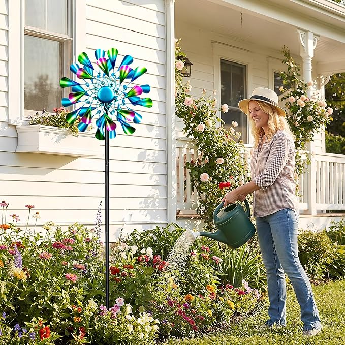 Solar Wind Spinner Outdoor Metal - Peacock Kinetic Garden Sculptures with Color-Changing LED Lights, Waterproof Wind Catchers Yard Art Decor for Patio Lawn, for Women (Green)