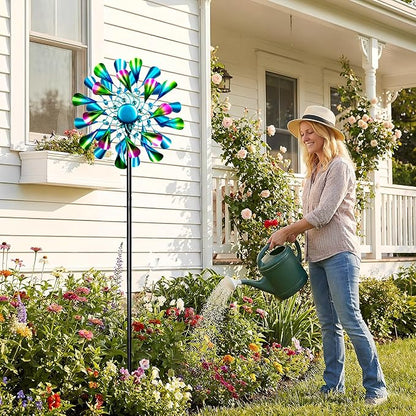 Solar Wind Spinner Outdoor Metal - Peacock Kinetic Garden Sculptures with Color-Changing LED Lights, Waterproof Wind Catchers Yard Art Decor for Patio Lawn, for Women (Green)