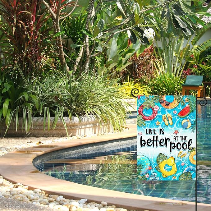 Summer Garden Flags for Outside, LIFE IS BETTER AT THE POOL Small Seasonal Decoration for Farmhouse Holiday Yard Outdoor Decor 12x18 Inch Double Sided