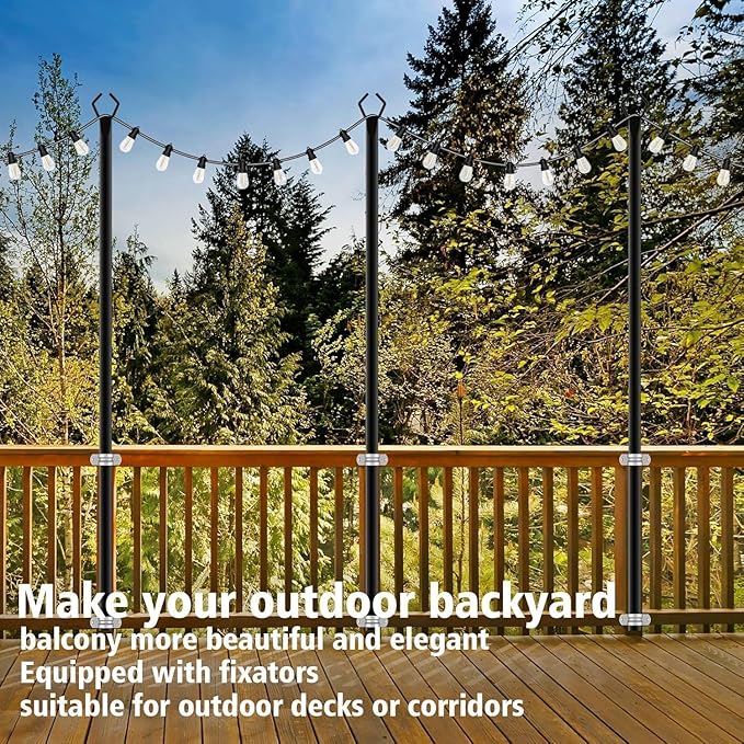 10Ft String Light Poles 8 Pack,Light Poles for Outside Lights,Outdoor with Fence Brackets Hanging Lights,Metal Stand Deck Patio Backyard