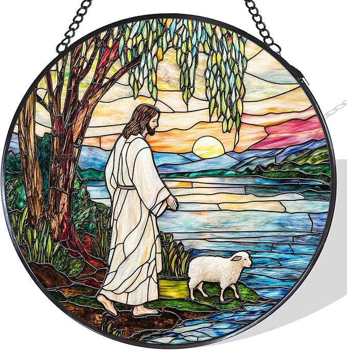 Jesus and Lamb Stained Glass Window Hanging Suncatcher, Christian Willow Tree Sun Catcher Indoor Window Decor, Religious Painted Glass Round Wall Hanging Decorations, 7.8x7.8 in