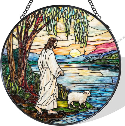 Jesus and Lamb Stained Glass Window Hanging Suncatcher, Christian Willow Tree Sun Catcher Indoor Window Decor, Religious Painted Glass Round Wall Hanging Decorations, 7.8x7.8 in