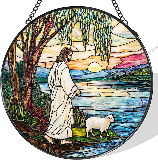 Jesus and Lamb Stained Glass Window Hanging Suncatcher, Christian Willow Tree Sun Catcher Indoor Window Decor, Religious Painted Glass Round Wall Hanging Decorations, 7.8x7.8 in