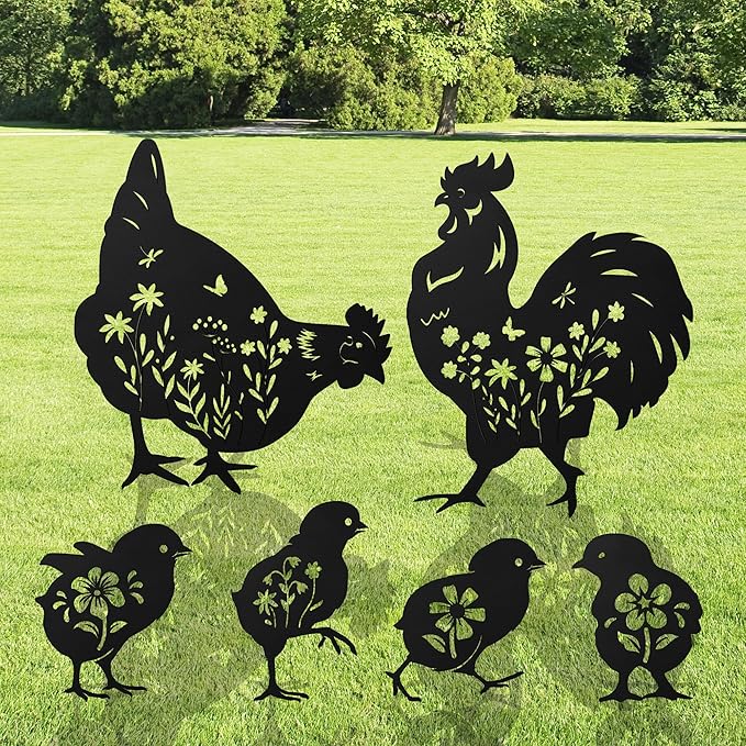 Romart Chicken Silhouette Garden Stakes Decorations - 6 Pcs Metal Chicken Animals Statues, Black Rustic Animal Sculpture Set, Yard Art for Outdoor Garden & Patio Lawn