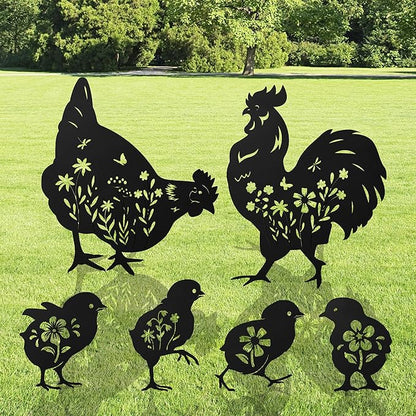 Romart Chicken Silhouette Garden Stakes Decorations - 6 Pcs Metal Chicken Animals Statues, Black Rustic Animal Sculpture Set, Yard Art for Outdoor Garden & Patio Lawn