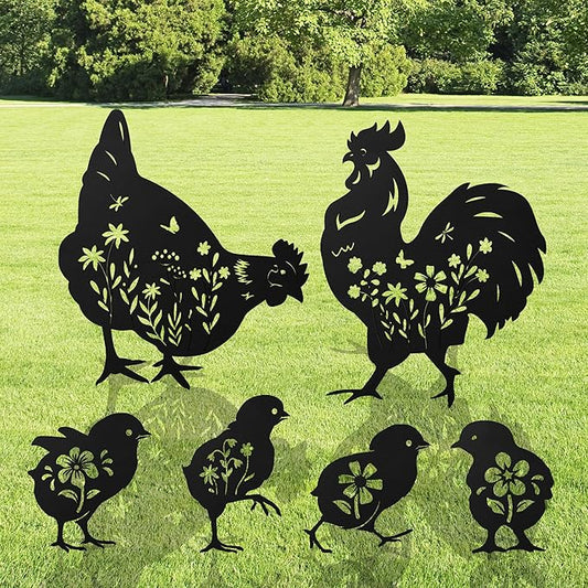Romart Chicken Silhouette Garden Stakes Decorations - 6 Pcs Metal Chicken Animals Statues, Black Rustic Animal Sculpture Set, Yard Art for Outdoor Garden & Patio Lawn