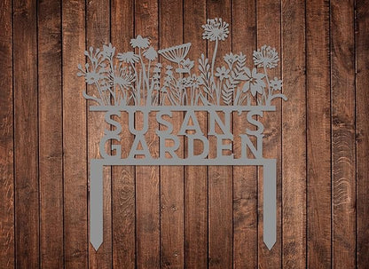Personalized Flowers Garden Sign with Stakes, Custom Flowers Metal Garden Decor, Sign for Flower Beds, Metal Yard Art, Gift for Grandmother, Gift for Mom, Patio Garden Decorations, Housewarming Gift