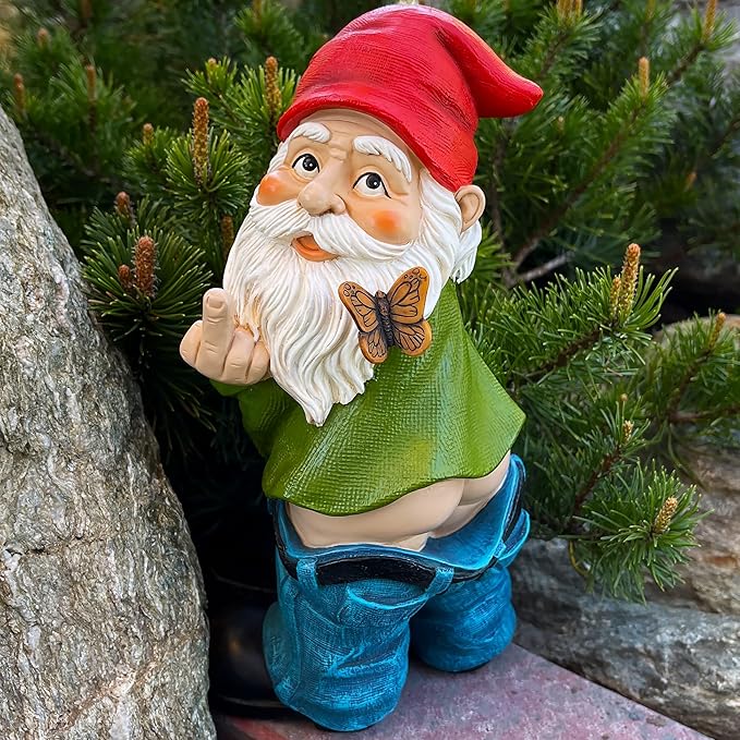 Mood Lab Garden Gnome - Pants Down Gnome with Middle Finger - 9.3 Inch Tall Outdoor or Indoor Decor