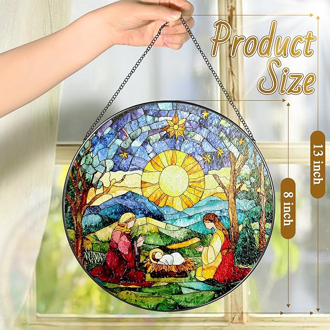 8'' Stained Glass Suncatcher Decor, Window Hanging, Nativity Scene Ornament, Religious Christmas Ornaments, Christian Holiday Decor, Gifts for Christmas, Christian Gift, Religious Gift