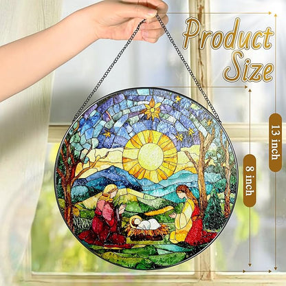 8'' Stained Glass Suncatcher Decor, Window Hanging, Nativity Scene Ornament, Religious Christmas Ornaments, Christian Holiday Decor, Gifts for Christmas, Christian Gift, Religious Gift