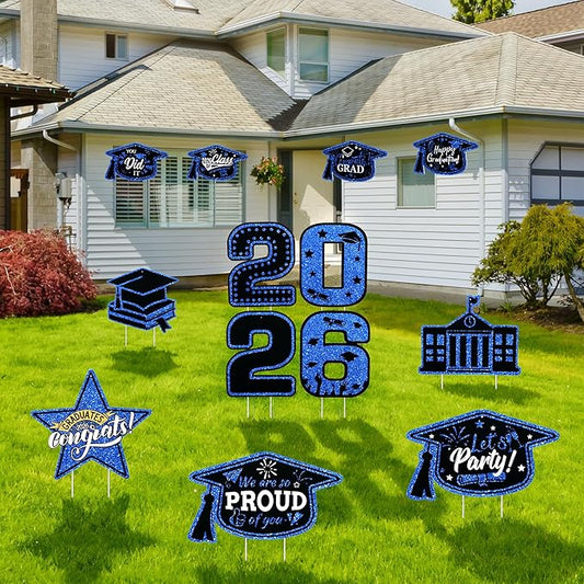13Pcs Graduation Yard Signs Class of 2026 Large Congrats Grad Sign with Stakes & String Hanging Graduation Decorations for Indoor Outdoor Yard Lawn Porch School (Blue)
