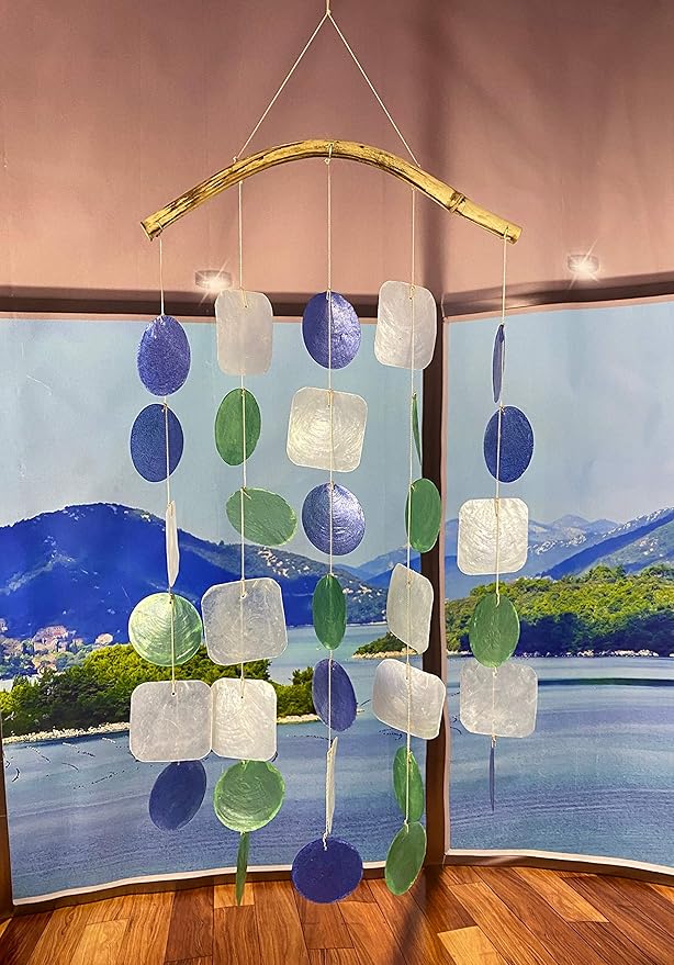 Ocean Capiz Wind Chime Mobile with Bamboo Hanger - 18" Long Blue Green Windchime
