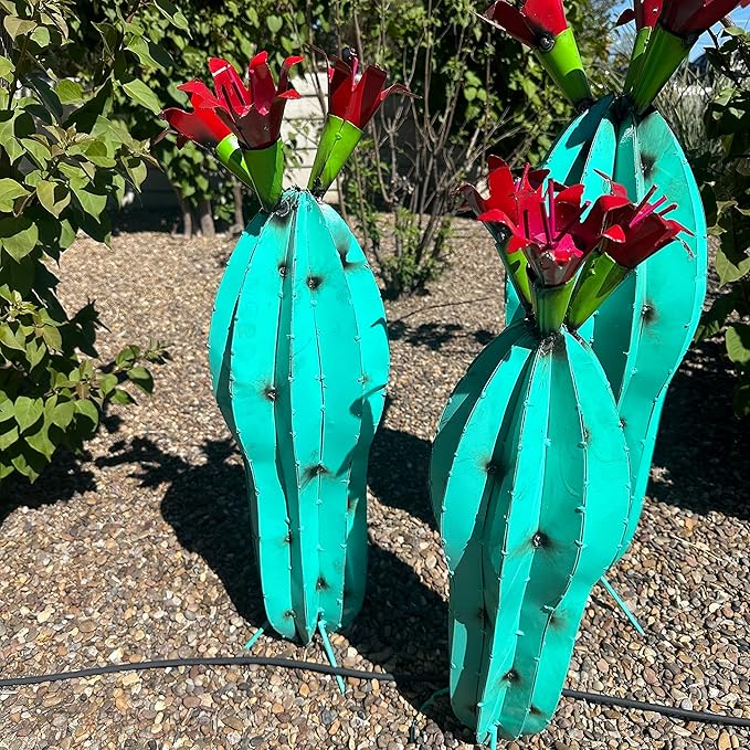 Handmade Metal Peanut Cactus with Flower - Garden Art (Turquoise (28 inches))