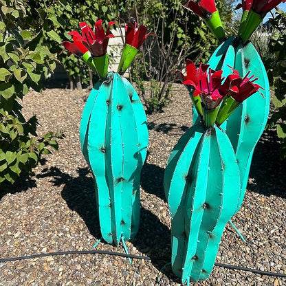 Handmade Metal Peanut Cactus with Flower - Garden Art (Turquoise (28 inches))