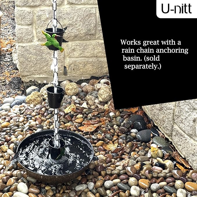 U-nitt Rain Chain Water Collection for Gutters Rainwater Catcher & Diverter, 8.5 FT Chains for Outside Garden, Bird Bucket Cups, Roof Downspout, Works with Heavy Rain, w/ Gutter Clip for Rainchains
