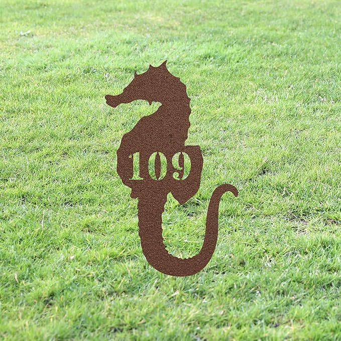 Seahorse House Number Sign Yard Address Plaque Garden Lawn Stake Metal Last Name Welcome Family Name Sign Monogram Sculpture for Yard Garden Porch Lawn Grassland Park Farm Flowerpot Decor.