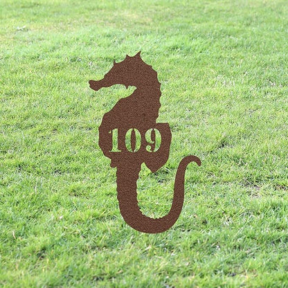 Seahorse House Number Sign Yard Address Plaque Garden Lawn Stake Metal Last Name Welcome Family Name Sign Monogram Sculpture for Yard Garden Porch Lawn Grassland Park Farm Flowerpot Decor.