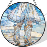 Western Cowgirl Boots Stained Glass Window Hanging Suncatcher, Western Cowboy Sun Catcher Indoor Window Decor Gifts for Women, Blue Country Painted Glass Wall Hanging Decorations 7.8x7.8 in