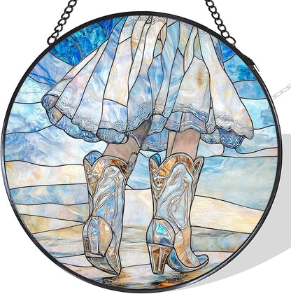 Western Cowgirl Boots Stained Glass Window Hanging Suncatcher, Western Cowboy Sun Catcher Indoor Window Decor Gifts for Women, Blue Country Painted Glass Wall Hanging Decorations 7.8x7.8 in