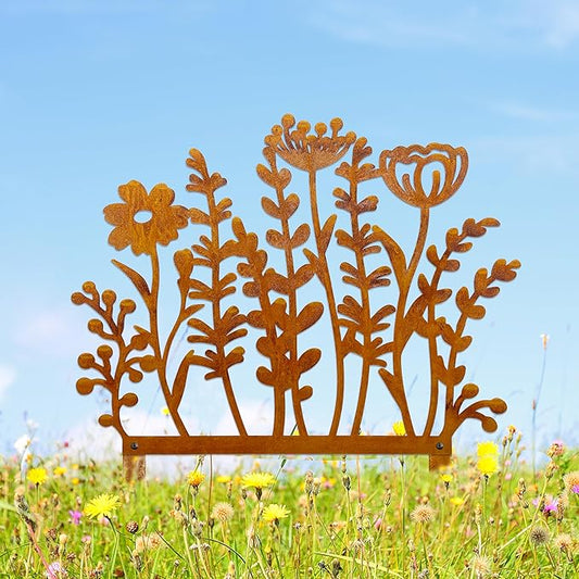 Metal Wild Flowers Stakes 14.4 * 14.0 inches, Metal Flowers Yard Art, Decorative Garden Stakes, Fence Topper Decor, Lawn Art Decor Plants Yard Decorations for Outdoor with Rusty Paint Process