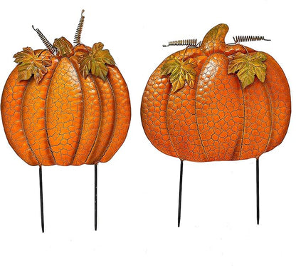 STC S/2 Garden Stakes Thanksgiving Fall Harvest Halloween Outdoor Metal Decor Orange Pumpkins #762 (16" & 15" H)