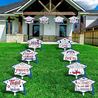 Chunful 12 Pack Graduation Yard Signs Grad Decoration 2026 Happy Graduate Lawn Garden Sign with Stake Congrats Outdoor Plastic Cap Hanging Ornament for Class Pathway Walkway Porch Party(Red Blue)