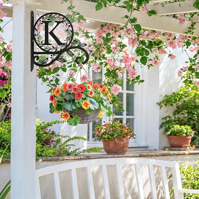 Personalized Initial Metal Plant Hanger Bracket, Decorative Wall Mount Hanging Plant Hook, Monogram Floral Leaf Garden Stake for Hanging Baskets Bird Feeders Lanterns Wind Chime (K)