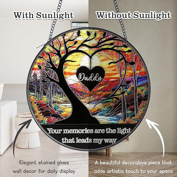 Memorial Sun Catcher for Dad - Your Memories are The Light 6.3" Stained Glass Window Hanging - Emotional Dad Gifts for Birthday, Christmas - Home Decor & Garden Color Catcher