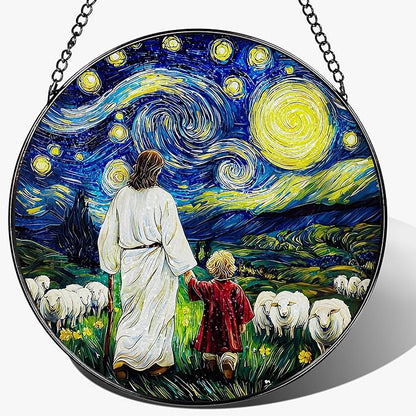 8 Inches Jesus with Child Stained Glass Suncatcher, Window Hanging Home Decor, Starry Night Ornament, Christian Gift, Religious Gifts for Her or Him, Gifts for Christmas