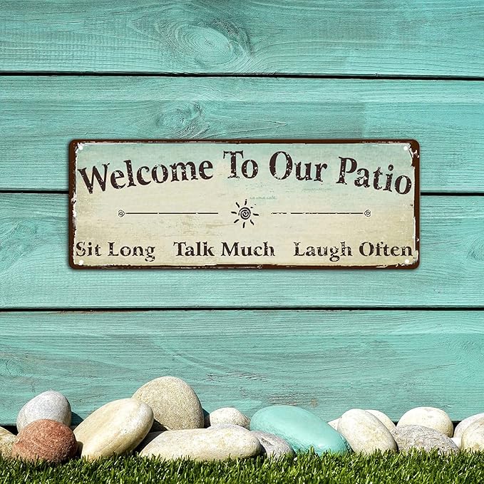 Welcome to Our Patio Sign decorations outdoor, Patio Decor Outside Vintage Metal Tin sign Backyard Wall Decor back porch Accessories 16x6 Inches