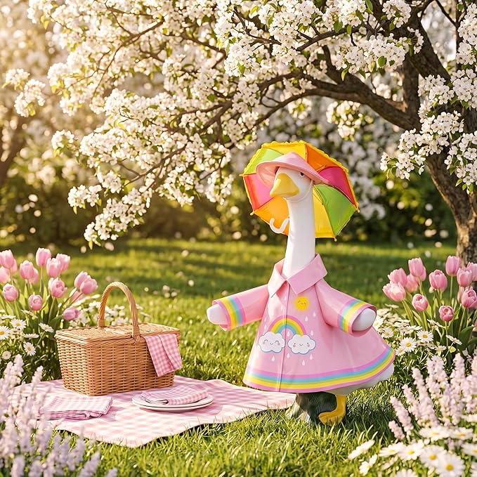 DECOHS 3 Pcs/Set Raincoat Porch Goose Outfits, Summer Lawn Goose Statue Raincoat Costume, Yard Goose Clothes Raincoats Umbrella Hat Outfit for 23" Statue Patio Garden Decoration (Pink Rainbow)